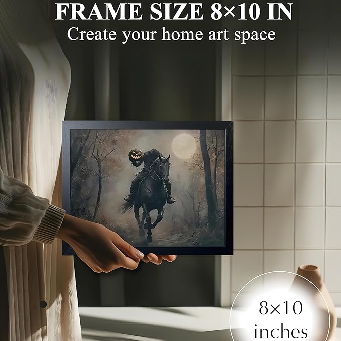 Black Wood Framed Halloween Canvas Wall Art Painting, Headless knight holding a pumpkin lantern Wall Decor, Vintage Dark Academia Gothic Poster Print, for Living Room Bedroom Office Decor 8x10 Inch