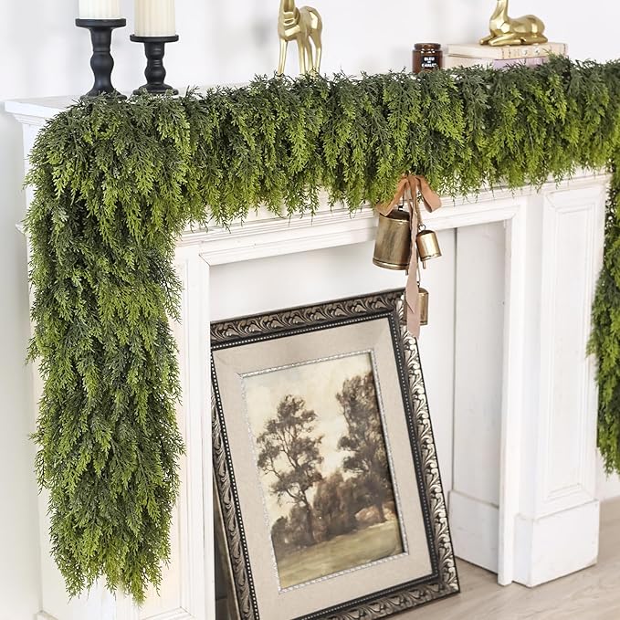 9FT Real Touch Cedar Garland for Fireplace - Artificial Christmas Garlands Realistic Faux Greenery Fake Pine Needles Garland for Holiday,Table, Window,Mantel,Stairs, Home,Indoor Outdoor Decor (2PCS)