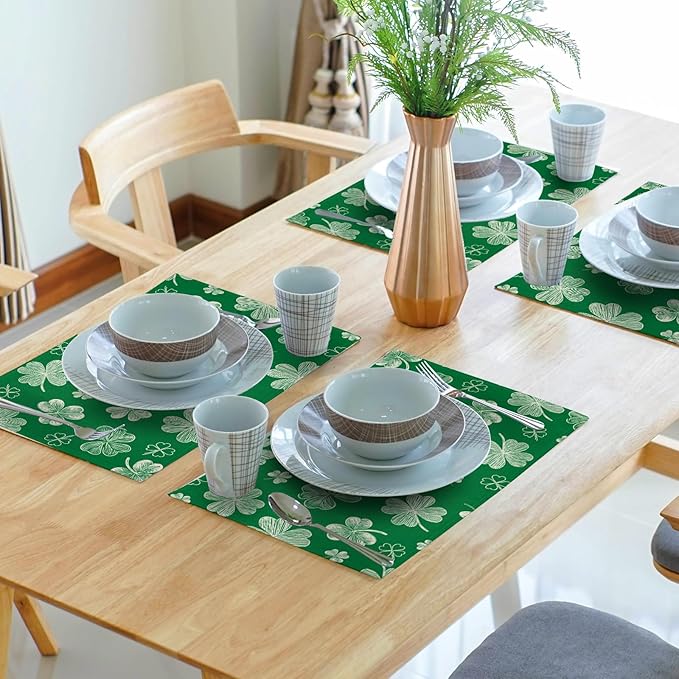 St. Patrick's Day Placemats Set of 4 Spring Holiday Green Shamrock Washable Non-Slip Heat Resistant Place Mats 12x18 Inch Rustic Linen Table Mats for Kitchen Dining Party Decor