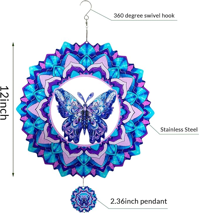 Butterfly Wind Spinner,Hanging Wind Spinners Outdoor for Garden Decoration,12 inch 3D Stainless Steel Wind Sculpture for Indoor/Outdoor Decor