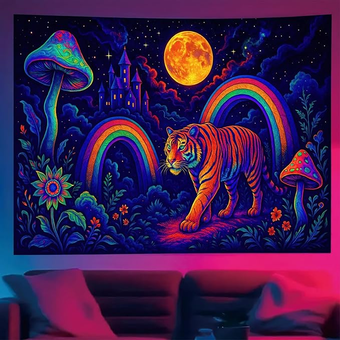 Starlit Patio Psychedelic Tiger Blacklight Tapestry UV Reactive Wall Hanging Rainbow Mushrooms Castle and Moon for Bedroom Dorm Living Room Glowing Jungle Decor Fluorescent Trippy Poster 78 x 59 Inch