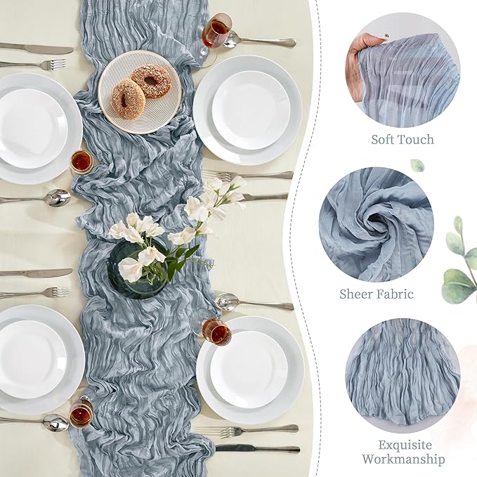 6 Pack Dusty Blue Cheesecloth Table Runner 10FT Long Boho Gauze Table Runner Rustic Sheer Runner for Wedding Bridal Baby Shower Birthday Party Table Decor Thanksgiving Christmas Decorations