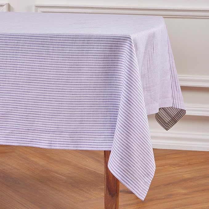 Solino Home Linen Striped Tablecloth 60 x 120 Inch - 100% Pure Linen Lavender and White Table Cloth for Rectangle Tables - Narrow Stripe, Machine Washable Tablecloth for Fall, Autumn, Thanksgiving