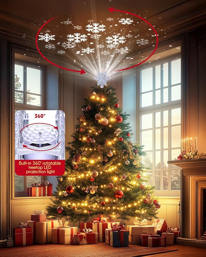 Christmas Tree Topper Lighted with Built-in Led Rotating Snowflake Projector Lights, 9.6” Hollowed Tree Topper with Silver Spangles Plug In for Indoor Home Xmas New Year Party Holiday Night Tree Decor
