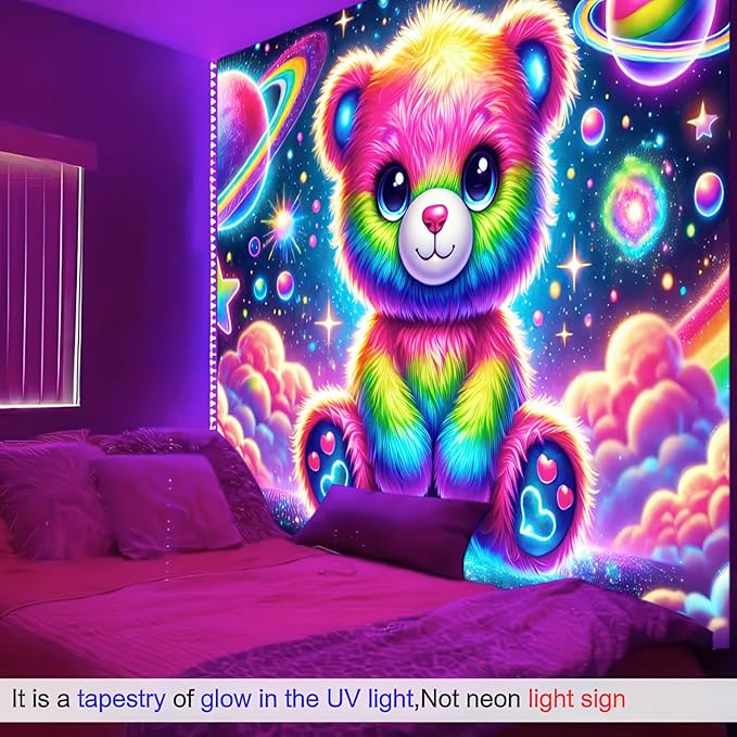 BlissYard Glowing Tapestry Blacklight Teddy Bear UV Reactive Rainbow Tapestry Neon Glow In the Dark Wall Hanging Decoration Kids’Bedroom Living Room Party Backdrop 59X78 inch Photo Shoot Props