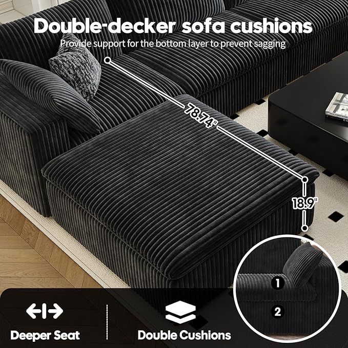 118" Cloud Couch Modular Sectional Sofa for Living Room,Modern Sofa with Deep Seat,L-Shape Boneless Couch with Ottoman,Comfy Upholstered Corduroy Couches for Apartment, Studio, Office,Bedroom,Black