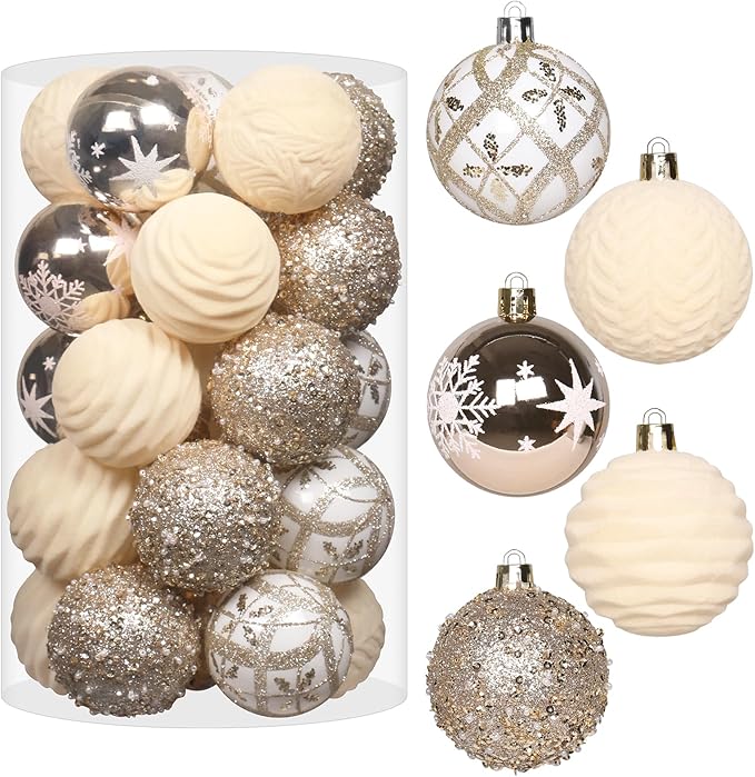 2.36In Velvet Christmas Ball Ornaments, 25PCS Champagne Flocked Christmas Tree Hanging Decorations, for Home Holiday Wedding Indoor Xmas Party Decor.