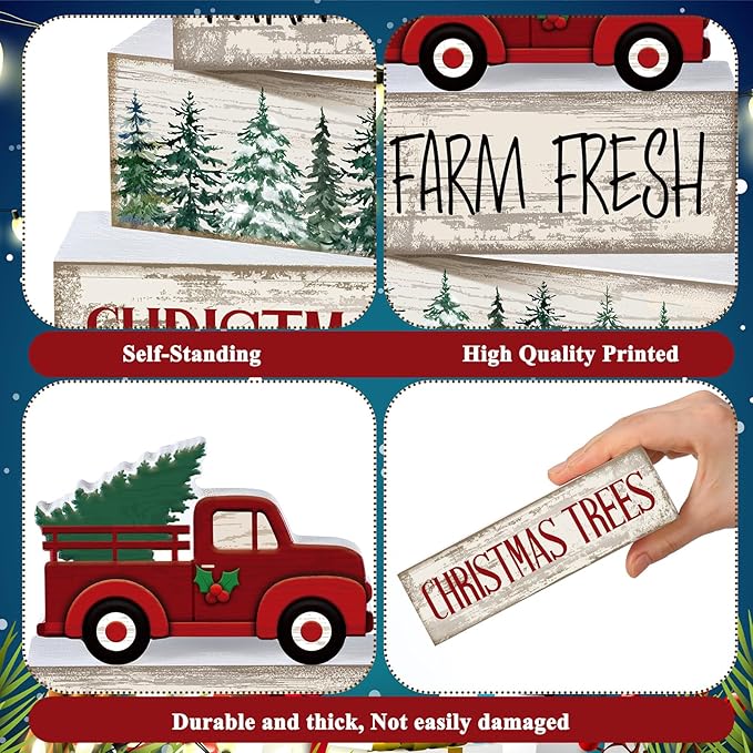 4 Pcs Christmas Decor Wooden Red Truck Winter Tiered Tray Decor Rustic Merry Christmas Table Centerpiece Wood Red Truck Block Sign Gift Farmhouse for Home Kitchen Tabletop Office Shelf