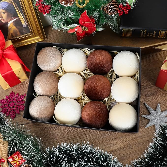 12Pcs Velvet Christmas Ornaments Balls,Brown Christmas Tree Decoration Shatterproof Ball with Hanging for Party Decor Multicolor Brown Beige 80mm/3.15in