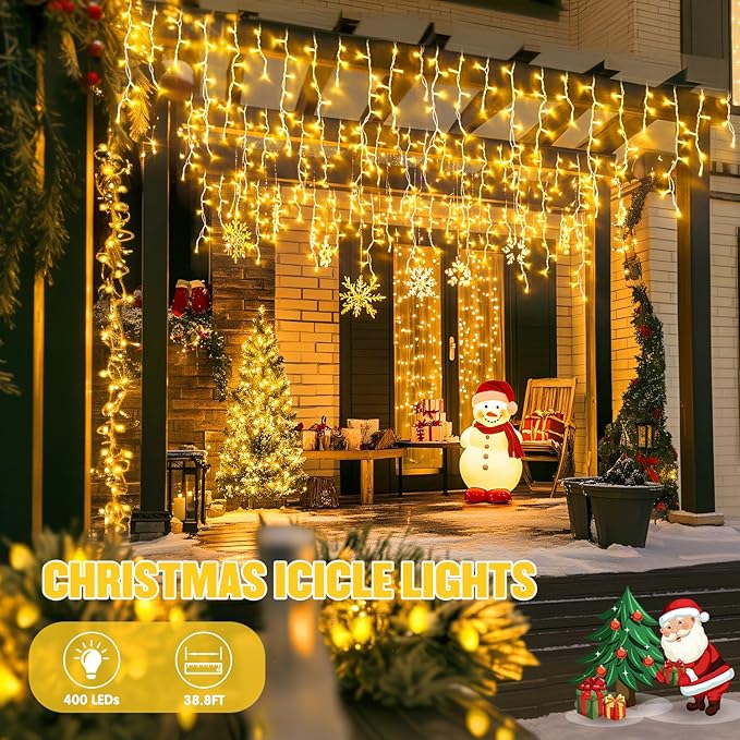 JMEXSUSS 38.8FT Icicle Lights for Outside, 400 LED Icicle Christmas Light Outdoor Indoor Plug in, Warm White String Lights for Christmas House Patio Party Fireplace Holiday Decorations