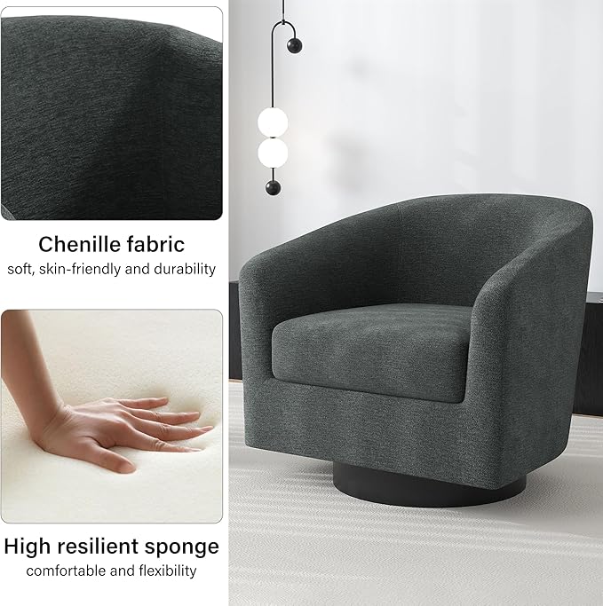 Swivel Barrel Accent Chair, Modern Round Chenille Fabric Arm Chair for Living Room, Bedroom, Comfy Club Reading Chairs for Adults(Chenille Fabric, Grey, Set of 4
