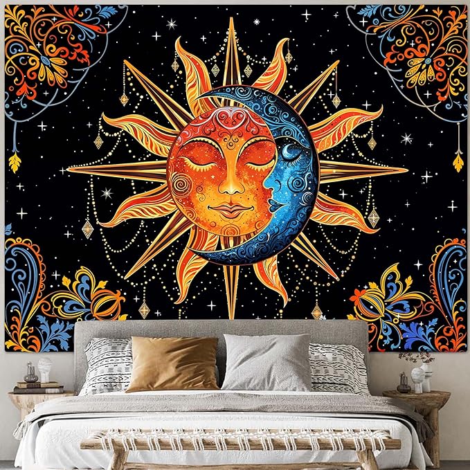Lunerfex Sun and Moon Tapestry Mandala Wall Tapestry, Cute Tapestries for Bedroom Ceiling Tapestries Wall Hanging for Bedroom Living Room Decor Sun-1 44"x60"