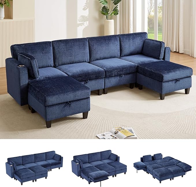 110" Modular Sectional Sofa, Convertible Sleeper Sofa Couch Bed with Adjustable Backrest, U-Shaped Chenille Cloud Couch with Ottoman Storage, Deep Seat Couches for Living Room,Blue
