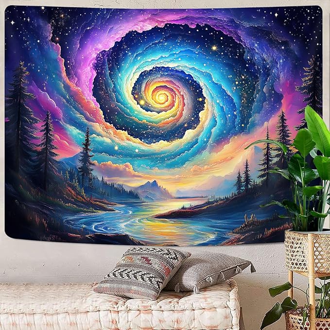 Galaxy Space Tapestry, Cool Colorful Trippy Forest Mountain River Aesthetic Tapestries, Psychedelic Starry Sky Swirls Misty Fantasy Landscape Tapestry Wall Hanging College Bedroom for Guys Men 60X40