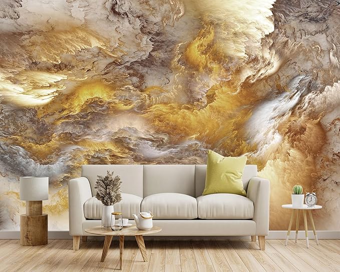 '-Golden Clouds Ceiling Fabric Wallpaper Living Room Bedroom Bathroom Modern Boys Girls Kids Room Abstract Large Mural- 137"x96"( not Peel and Stick)