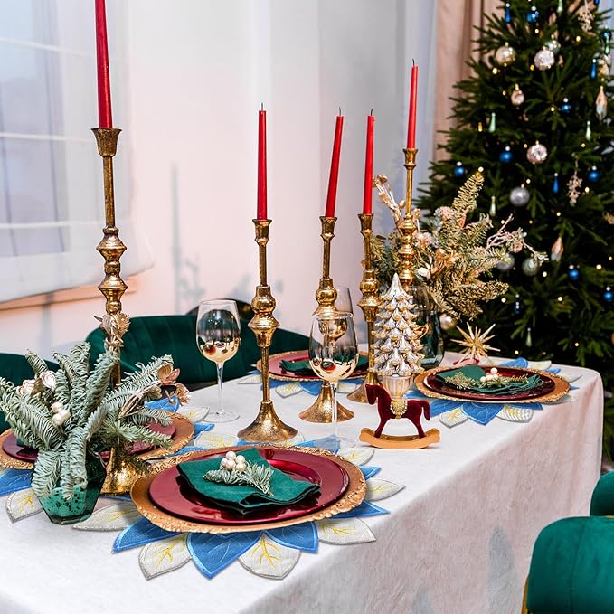 Tudomro 6 Pcs Holiday Embroidered Double Layer Placemats - Blue Glitter Applique Poinsettia Christmas Flower Placemats for Dining Table Decoration