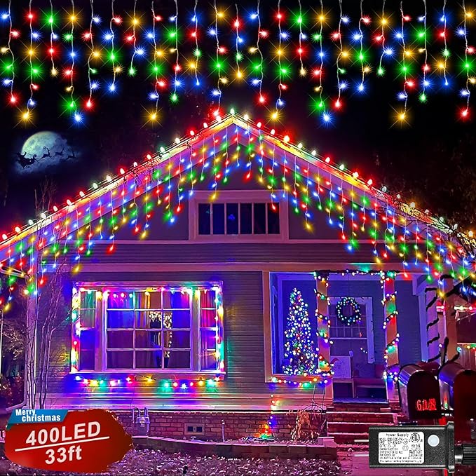 Icicle Lights for Outside, 33FT 400 LED Icicle Christmas Lights Outdoor Indoor with 8 Modes 75 Drops, Waterproof Connectable Twinkle String Light for Eaves Patio Garden Wedding Party Decor, Multicolor