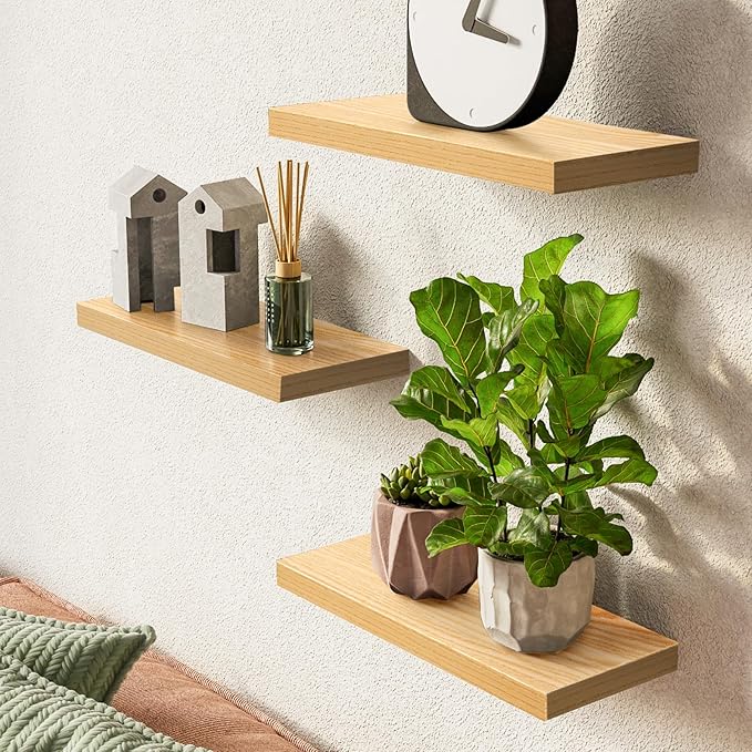 BAYKA Floating Shelves for Wall, Wall Mounted Rustic Wood Shelves for Bathroom, Bedroom, Living Room, Kitchen,Small Hanging Shelf for Books/Storage/Room Decor (Oak-Toned, Set of 3, 15.7in)