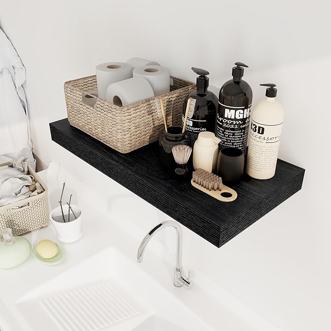 12 Inch Deep Black Floating Shelves, 24 x 12 Floating Shelf for Books, Rustic Wood Deep Wall Shelves for Home Storage & Display, 2" Thicked Shelves for Kitchen, Living Room, Bedroom, 1 Pack