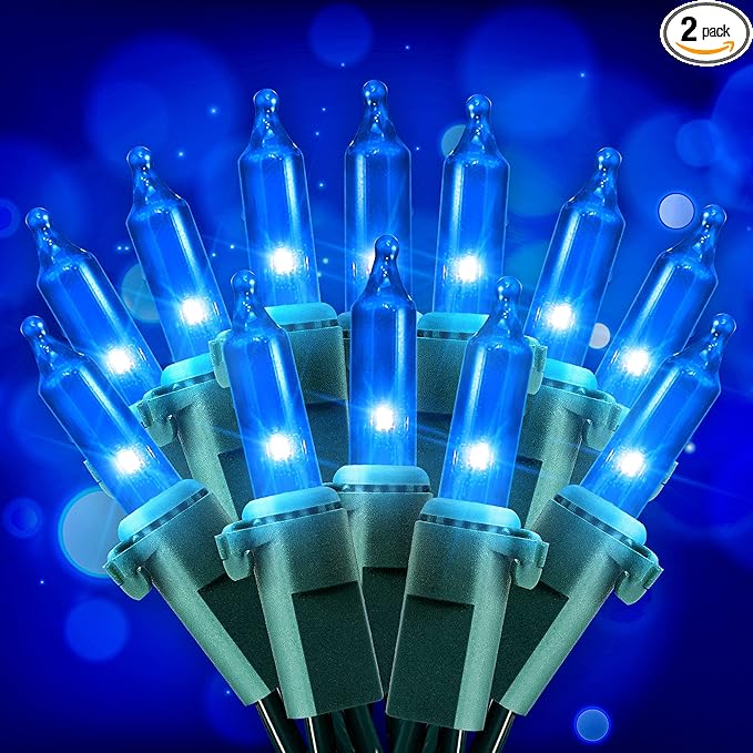 Hopolon Blue Christmas String Lights, 2PACK 50-Count Incandescent Mini Fairy Lights Set, UL Certified Green Wire Lights for Indoor Outdoor Halloween Holiday Home Xmas Tree Patio Décor (2pcs Blue)