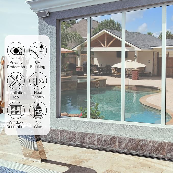 Kromapolis One Way Window Privacy Film Reflective Mirror Home Window Tint, Daytime Privacy Heat Control Anti UV Glass Tinting Static Cling (Silver, 35.4 x 78.7 inch)