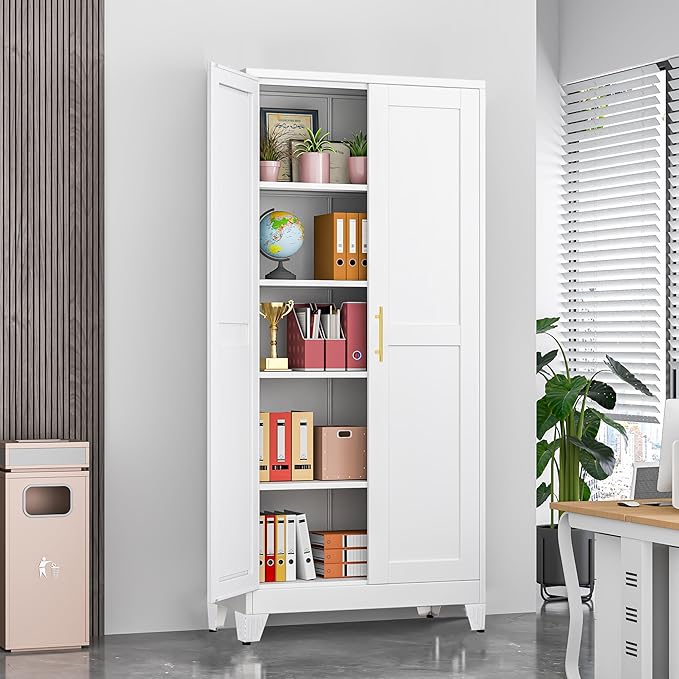 71" Tall Metal Storage Cabinet with 2 Doors and 4 Adjustable Shelves, Kitchen Pantry Cabinet White Freestanding Cupboard, 5 Tier Multifunctional Steel Storage for Office, Kitchen, Dining Room