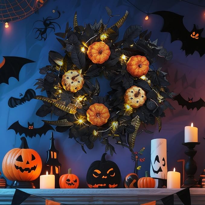 GarveeHome Halloween Wreath for Front Door, 18 Inch Fall Wreath with Pumpkins and Maple Leaves for Indoor Outdoor Wall Window Porch Patio Garden Farmhouse Home Party Prom Decoration