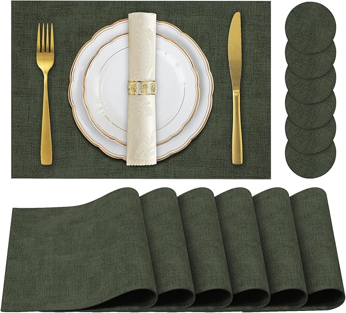 Faux Leather Placemats Set of 6,Heat Resistant Placemats for Dining Table, Easy Clean Non-Slip Place Mats, Waterproof Stain Resistant Wipeable Washable PU Table Mats, (Dark Green)