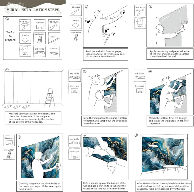 AFZEVEB-Blue and Gold Marble Wallpaper Abstract Art Wall murals for Bedroom 136"x96" (Not Peel and Stick)