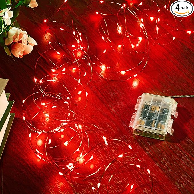 4 Pack 16.4 Ft. Battery Operated Outdoor String Lights with Remote & Timer, LED Red Fairy Lights, Waterproof Twinkle Lights for Bedroom, Dorm, Mason Jar, Wedding, Party, Christmas