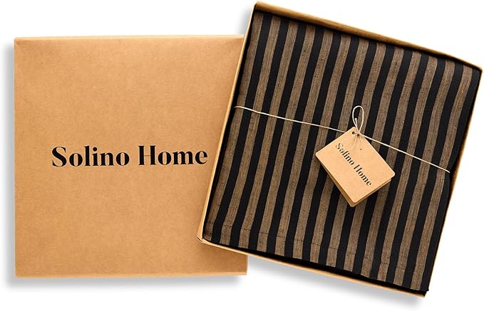 Solino Home Linen Tablecloth 60 x 90 Inch - Amalfi Stripe 100% Pure Linen Brown Sugar and Black Table Cloth for Rectangle Tables - Machine Washable Fabric Tablecloth for Fall, Autumn, Thanksgiving