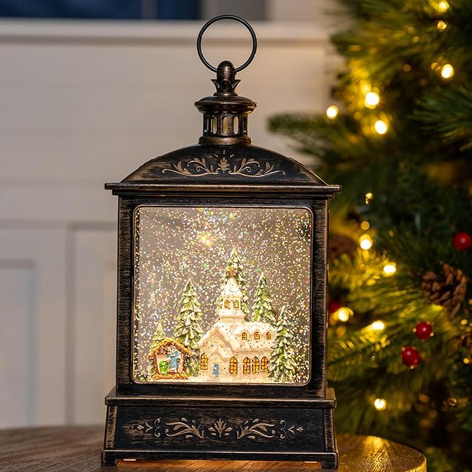 12.5'' Musical Snow Globe Lantern Lighted Church with Nativity Manger Scene Water Lantern in Swirling Glitter, Christmas Home Decoration and Gift, Battery Operated or USB Powered