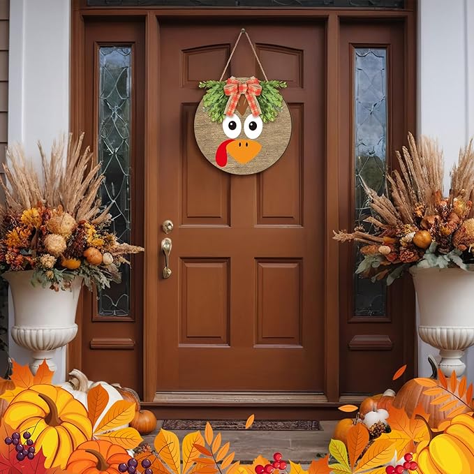 Boao 12 Inch Thanksgiving Door Decoration Turkey Wooden Sign for Front Door Decor Thanksgiving Sign with Bow Wall Art Hanging Wreath Decorations for Harvest Home Outdoor Farmhouse Porch Hanger