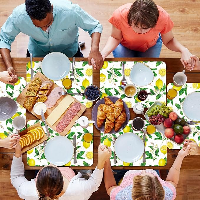 Lemon Placemats Set of 6 Summer Plastic Table Mats Yellow Lemonade Theme Place Mats Washable Vinyl Rustic Holiday Table Decoration for Indoor Outdoor Party Kitchen Dining