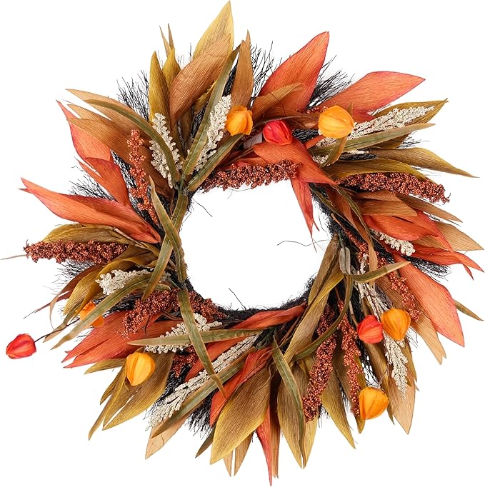 Fall Corn Husk & Berry Door Wreath for Front Door 24 Inch, Festive & Rustic Farmhouse Autumn Harvest Wreath, Fall Decor for Home Door Wall Porch Window, Orange/Yellow/Brown