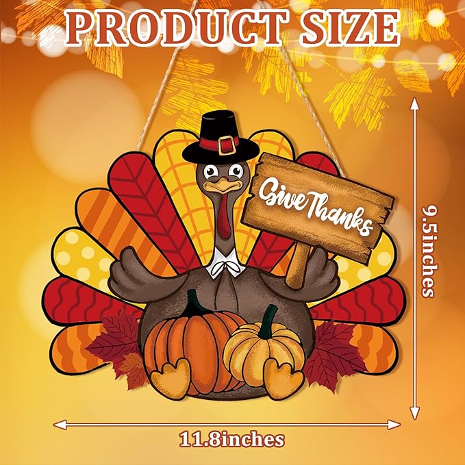 Thanksgiving Decoration Wooden Turkey Pumpkin Door Wreath for Front Door Sign Wall Signs, Thankful Blessed Grateful Pumpkin Sign Hanging for Fall Autumn Harvest Home Halloween Decoration