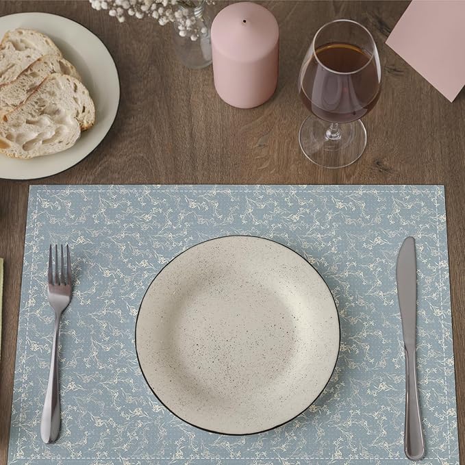 Blue Placemats Set of 4, Flower Table Mat for Home Kitchen, Restaurants, Outdoor Linen Washable Place Mats 12x18 inch Party Event Dining Decoration-13