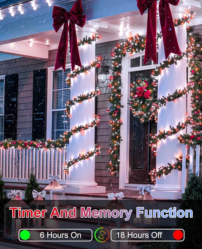 Christmas Lights Outdoor 40FT 120 LED, Green Wire Christmas Tree Lights Waterproof, 8 Modes & Timer, Connectable String Light for Indoor Bedroom Yard Patio Party Xmas Decorations, Red White
