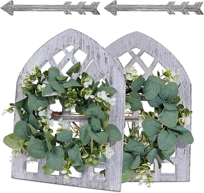 Rustic Wood Window Frame with Green Wreath and Arrows Wall Decor,Farmhouse Window Frame Hanging Decor, Wooden Fake Decoration,Window Pane Wall Decor,Set of 2 (windows white)
