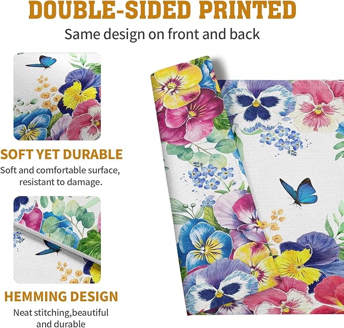 Watercolor Flowers Placemats Set of 4 Spring Summer Floral Butterfly Linen Fabric Table Mats Pansy Flower Eucalyptus Leaves Washable Place Mats for Farmhouse Dining Table Kitchen Decoration