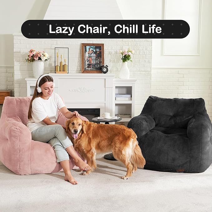 Hobestluk Bean Bag Chair for Adult Small Bean Bag Chairs with Arms Furry Beanbag Chair with Foam Filler Stuffed Bean Bag Sofa for Reading in Bedroom Living Room and Dorms (Black)