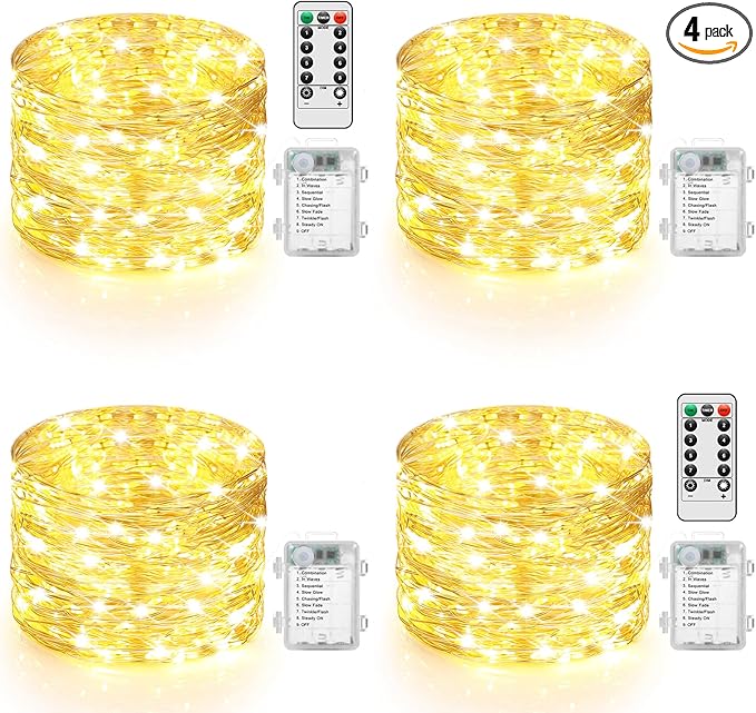 4 Pack 100 LED Fairy Lights Battery Operated with Timer & Remote, 33FT Waterproof Twinkle Lights Indoor Outdoor, Fairy String lights for Bedroom Classroom DIY Wedding Christmas Decorations, Warm White