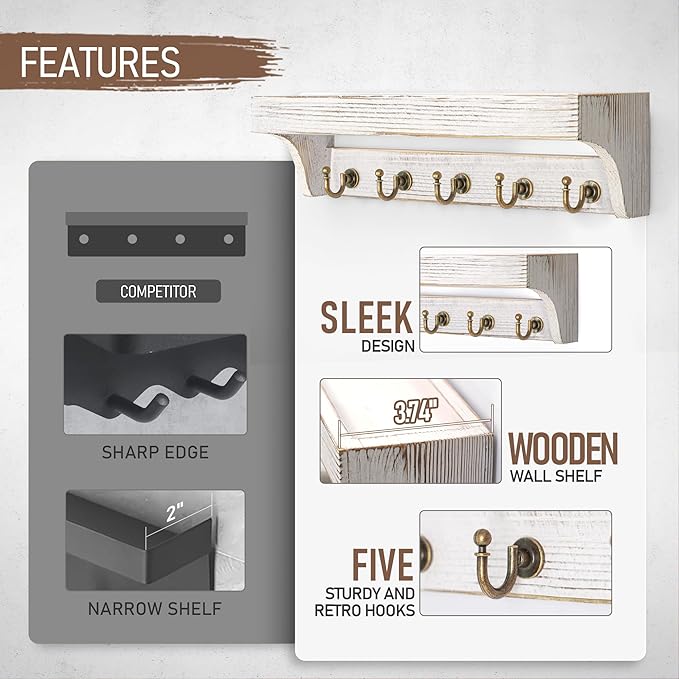 Rebee Vision Pine Wood Key Holder Wall Mount with Shelf for Farmhouse Decor - Rustic Wall Mail Organizer Wall Mounted for Living Room Decor - Perfect Mail Organizer for Home Improvement (Whitewash)