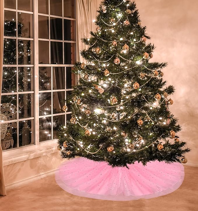 Christmas Wedding Tree Skirt,45 inch 4-Layer Fluffy Romantic Pleated Sparkly Skirt Decoration Xmas Tree Ornament for Holiday and Party(Pink)