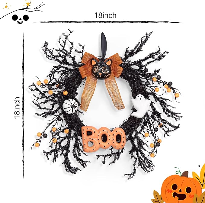 Adeeing Halloween Wreaths for Front Door, 18Inch Halloween Wreath with Black Cat Boo Sign White Pumpkin and Ghost for Indoor Outdoor Window Proch Halloween Decoration