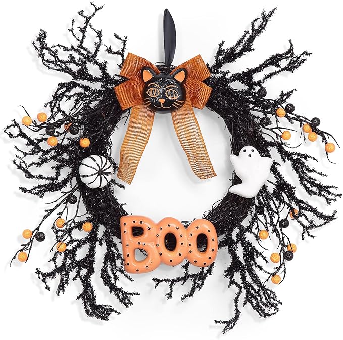 Adeeing Halloween Wreaths for Front Door, 18Inch Halloween Wreath with Black Cat Boo Sign White Pumpkin and Ghost for Indoor Outdoor Window Proch Halloween Decoration