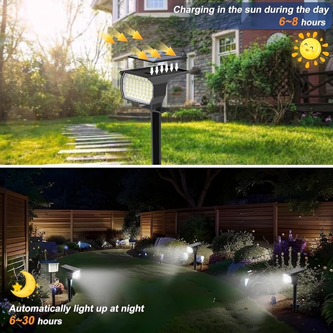 Solar Spot Lights Outdoor Waterproof IP65, 12 Pack Landscape Spotlights with 46 LEDs, 3 Modes Auto On/Off Solar Powered Flood Lights for Outside Pathway, Yard, Garden, Walkway (Cool White)