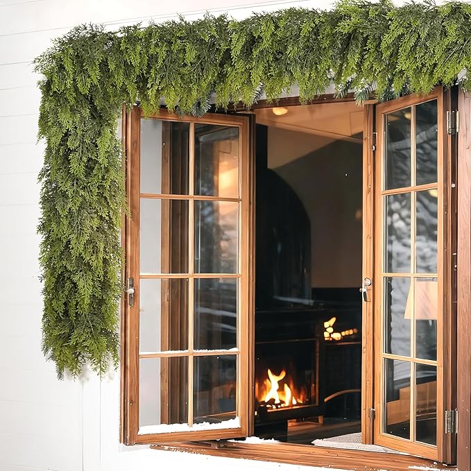 5FT Real Touch Cedar Garland for Fireplace - Artificial Christmas Garlands Realistic Faux Greenery Fake Pine Needles Garland for Holiday,Table, Window,Mantel,Stairs, Home,Indoor Outdoor Decor (2PCS)