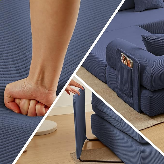 107" Oversized Convertible Sleeper Sofa Bed, Corduroy L Shape Sectional Couch, Folding Sofa Bed with Side Pocket, Modern Cloud Floor Mattress Couch,Modular Sofa for Living Room,Dark Blue