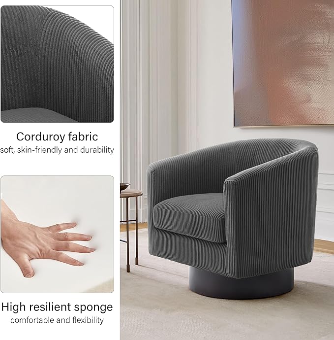Swivel Barrel Accent Chair, Modern Round Corduroy Fabric Arm Chair for Living Room, Bedroom, Comfy Club Reading Chairs for Adults (Corduroy Grey, Set of 1)